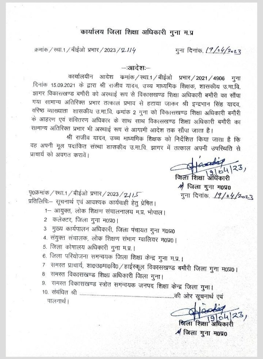 बमोरी बीईओ राजीव यादव और जनशिक्षक छतर सिंह लोधा को हटाया गया