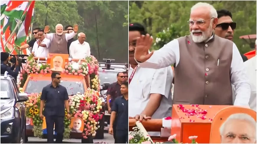 पीएम मोदी के गुजरात दौरे का दूसरा दिन; गांधीनगर में रोड शो, दी 5536 करोड़ की सौगात